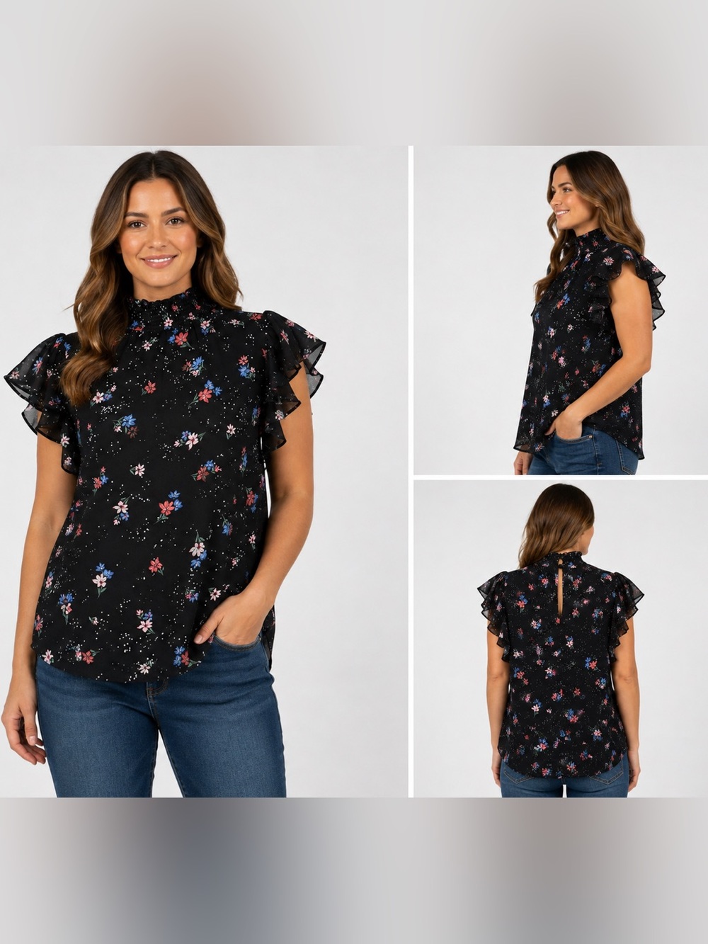 1.STATE Floral Flutter Sleeve Mock Neck Blouse S